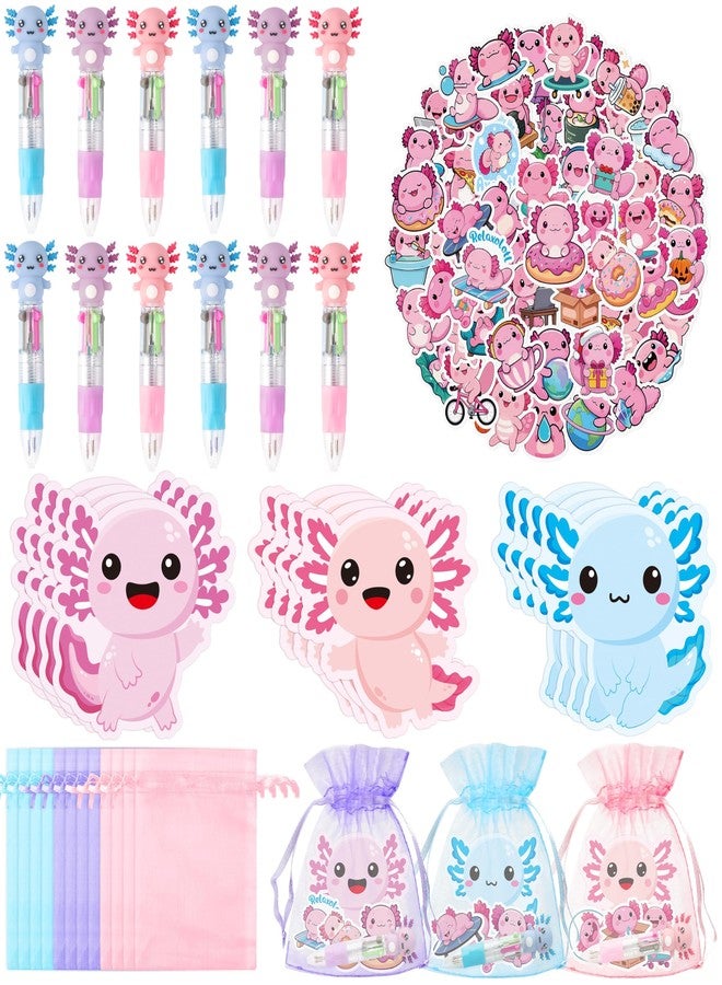 CY2SIDE Axolotl Stationery Party Gift - 12 Pack Axolotl Prizes Set Include 4-in-1 Ballpoint Pen Sticky Note Sticker and Organza for Kids Summer Party Favor Goodie Bag Fillers for School Reward - Image 1